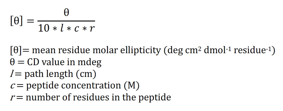 Mean residue molar ellipticity formula: [θ] = θ / (10 × l × c × r)